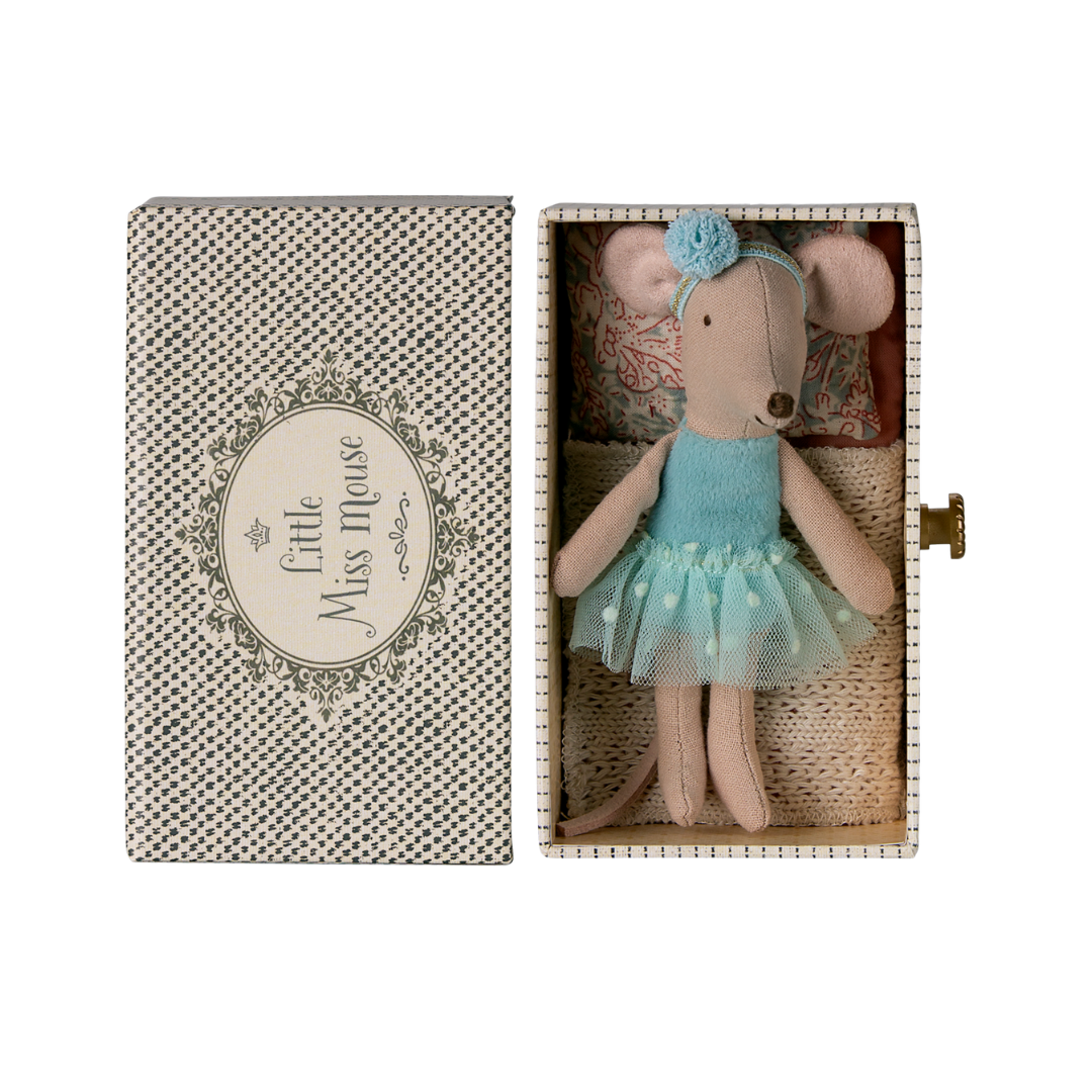 Maileg ballerina day bed dance mouse in a blue tutu in a matchbox bed with pretty blanket and bedding. A bestselling Maileg product. 