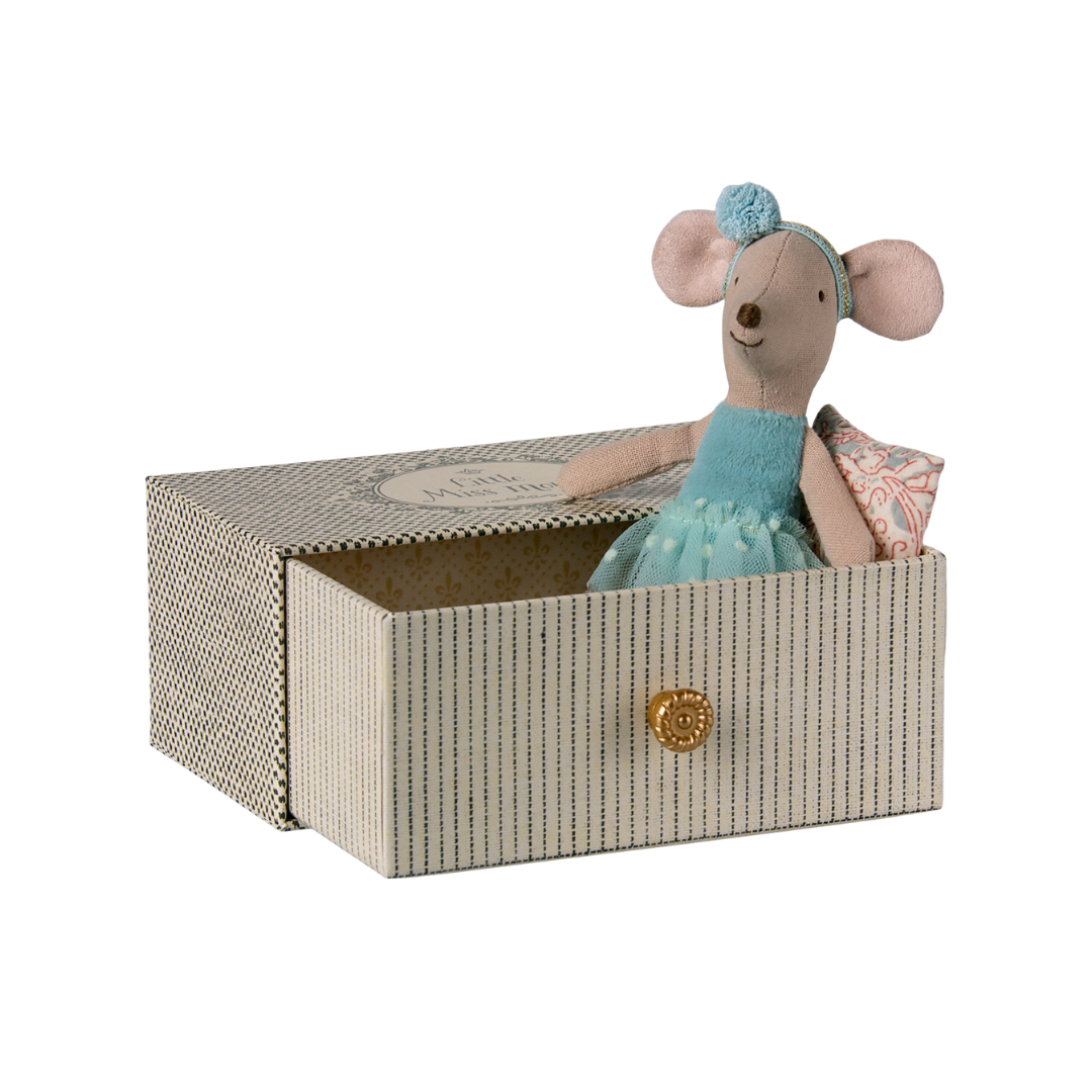 Maileg ballerina day bed dance mouse sitting wearing a blue tutu in a matchbox bed 