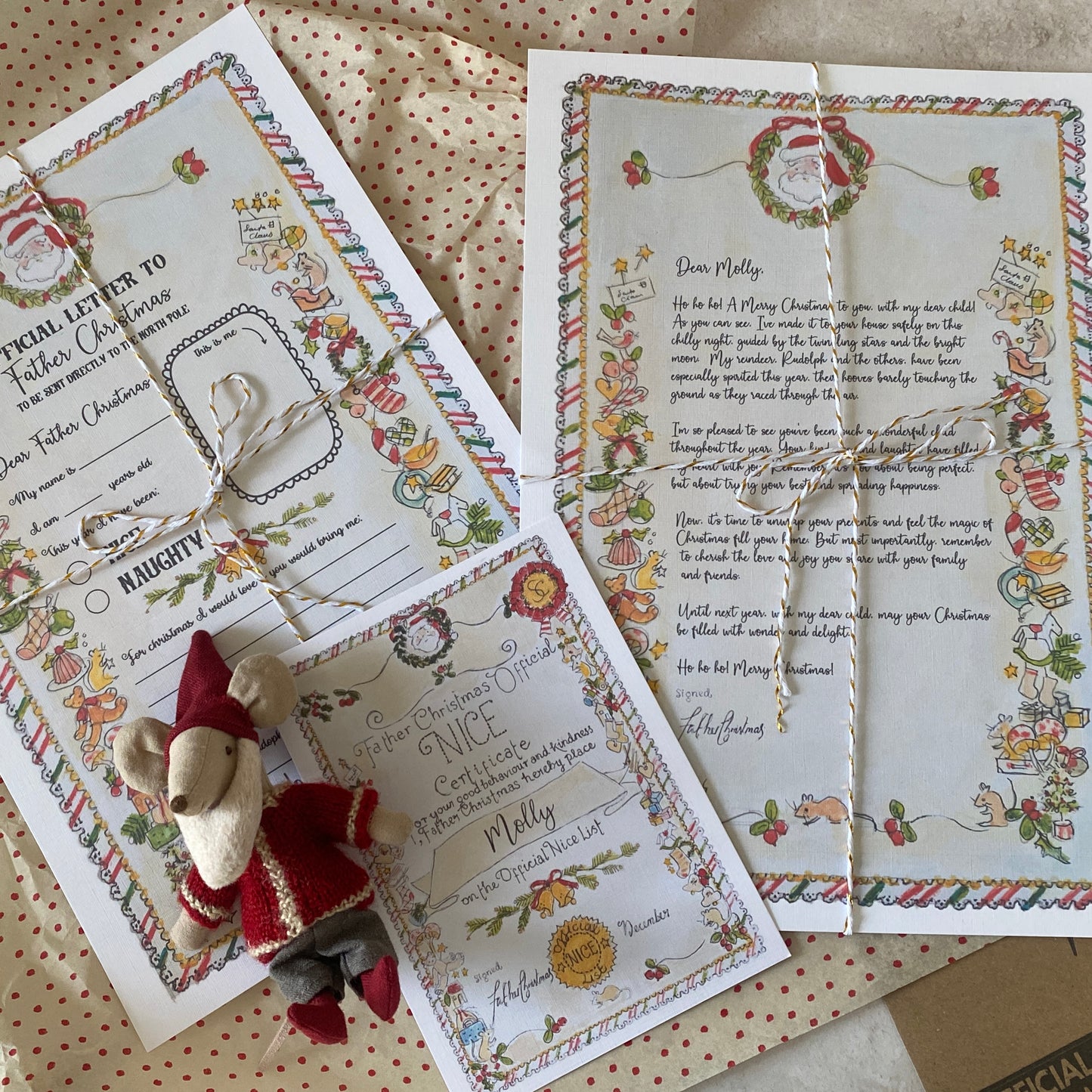 Christmas stationery bundle featuring a letter to Santa, a letter from Santa, and a nice list certificate. Personalised with child's name. Including a Maileg Santa Mouse. 