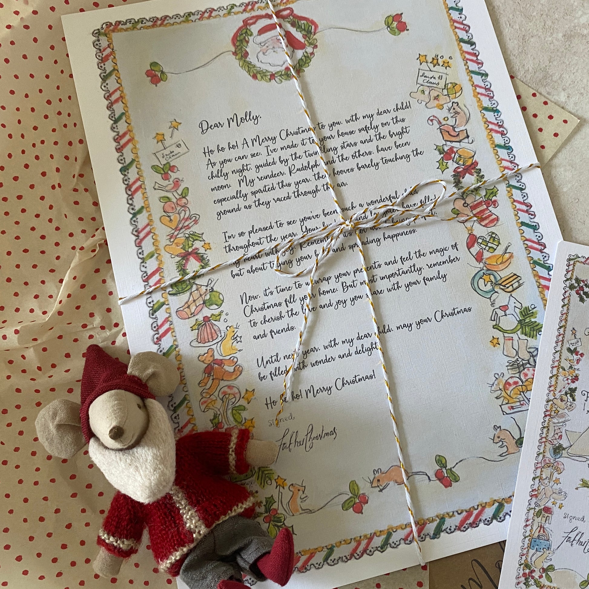 Personalised letter from Father Christmas featuring a whimsical Maileg-inspired design. Hand-sketched by INI DESIGN and customisable with child's name.