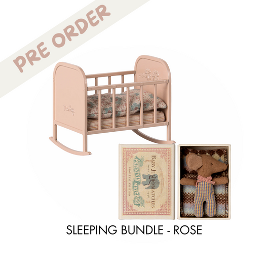 Maileg cradle and baby girl bundle, with a Maileg sleepy wakey baby girl and a Maileg cradle MY in pink available for preorder