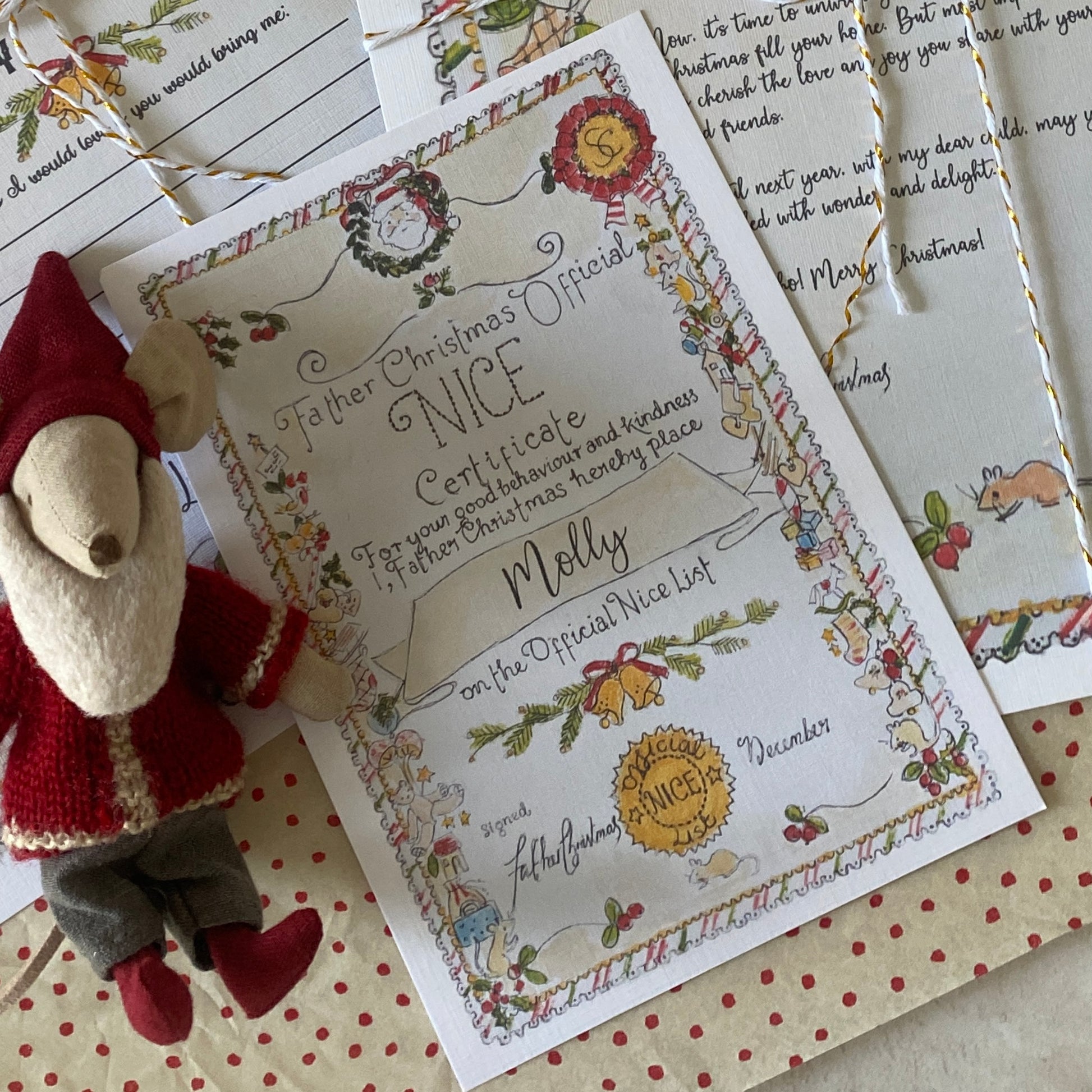 Personalised Christmas nice list certificate featuring a whimsical Maileg-inspired design. Hand-sketched and customisable with child's name.