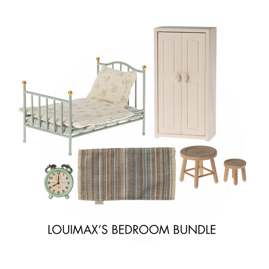 Maileg LouiMax adventure mouse bedroom bundle, including Maileg vintage bed, cream wardrobe, table and stools, striped rug and alarm clock. 