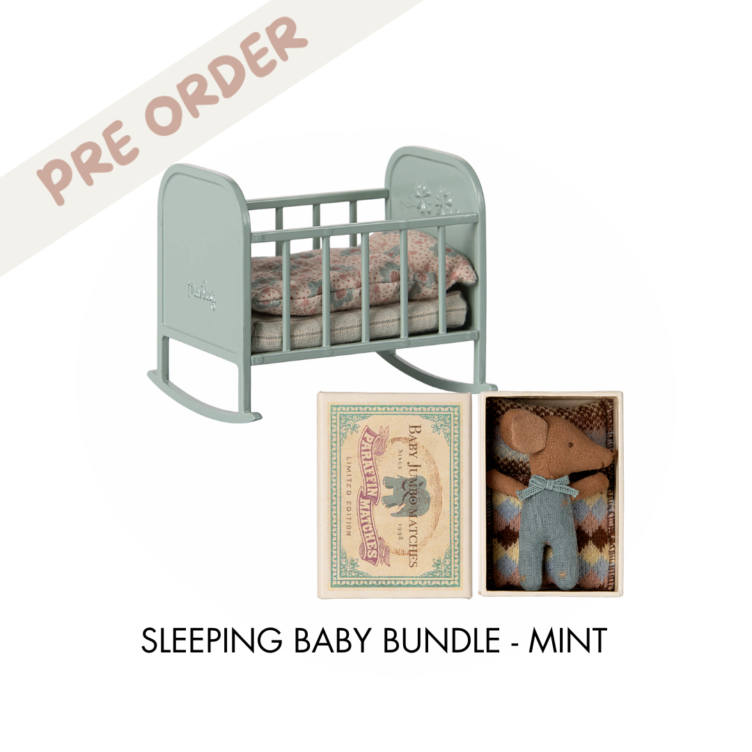 Maileg cradle and baby bundle, with a Maileg sleepy wakey baby boy and a Maileg cradle MY in mint, available for preorder