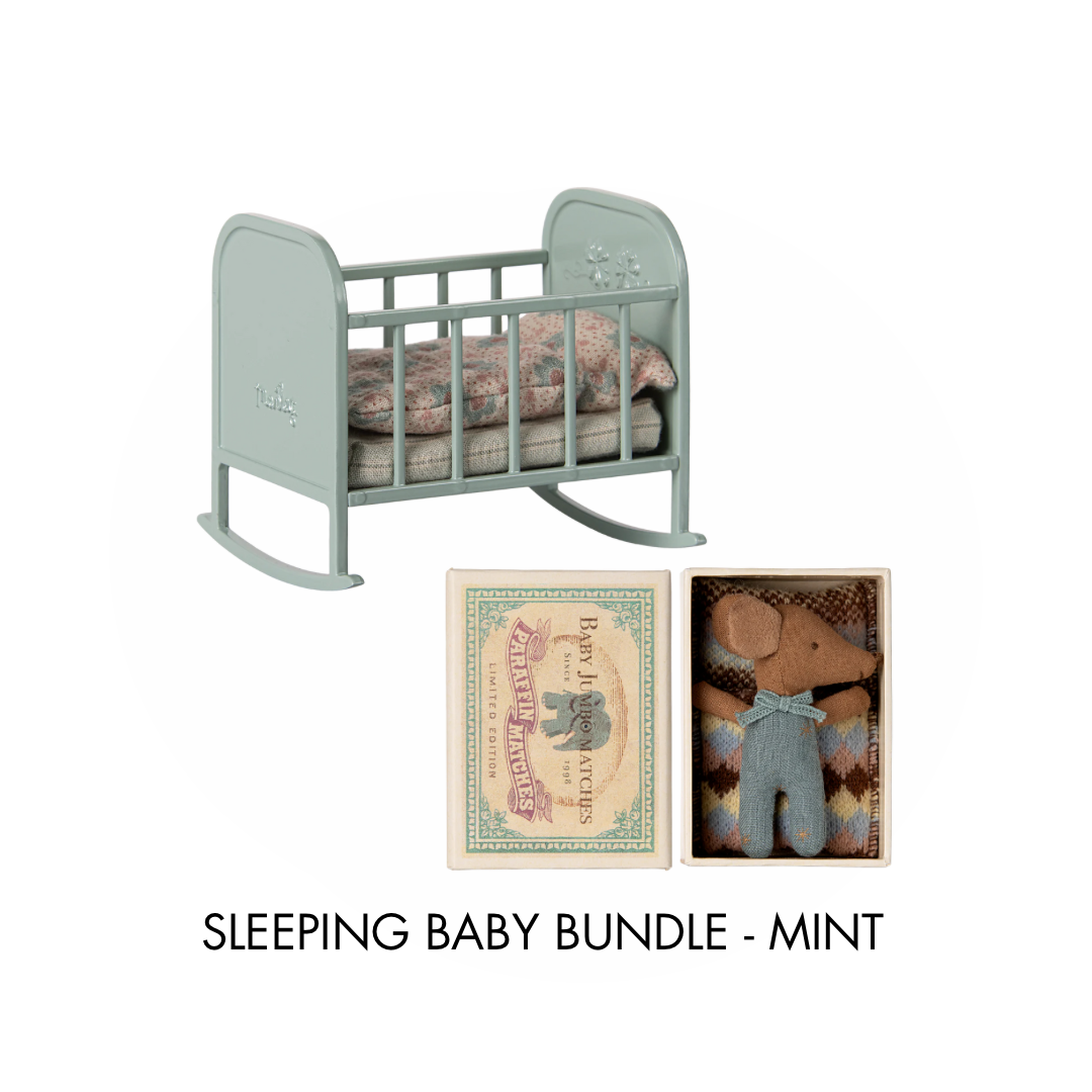 Maileg cradle and baby bundle, with a Maileg sleepy wakey baby boy and a Maileg cradle MY in mint