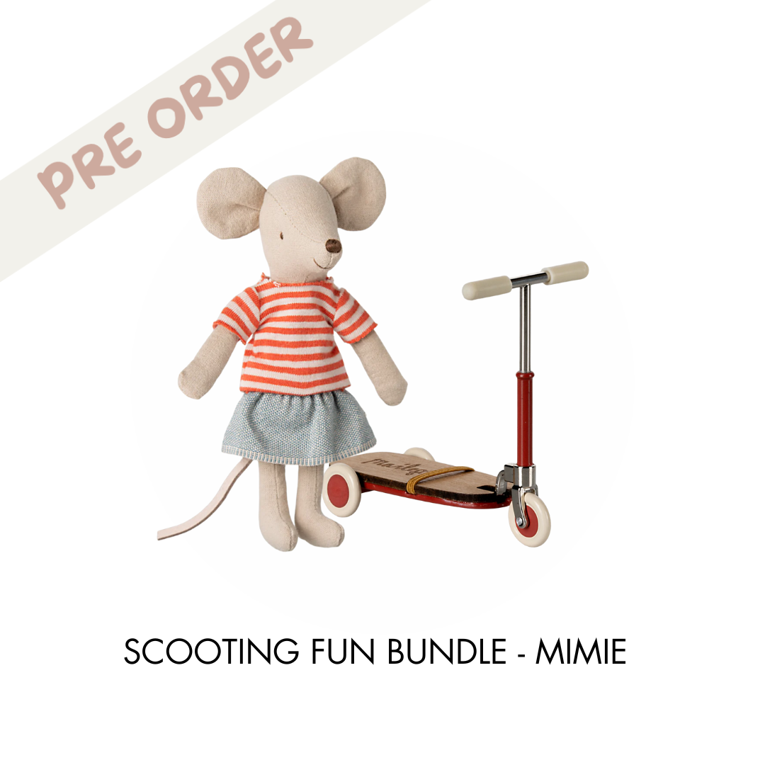 Maileg Mimie LouiMax adventure mouse, big sister mouse wearing a red striped top with blue skirt and a Maileg red scooter kickboard, available for pre-order