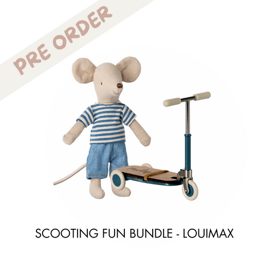 Maileg LouiMax mouse in a blue stripe top and denim trousers, with a blue Maileg scooter kickboard, available for preorder