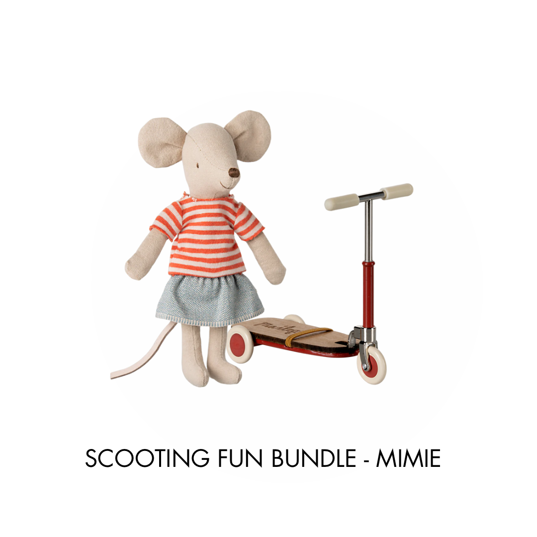 Maileg Mimie LouiMax adventure mouse, big sister mouse wearing a red striped top with blue skirt and a Maileg red scooter kickboard, available for pre-order