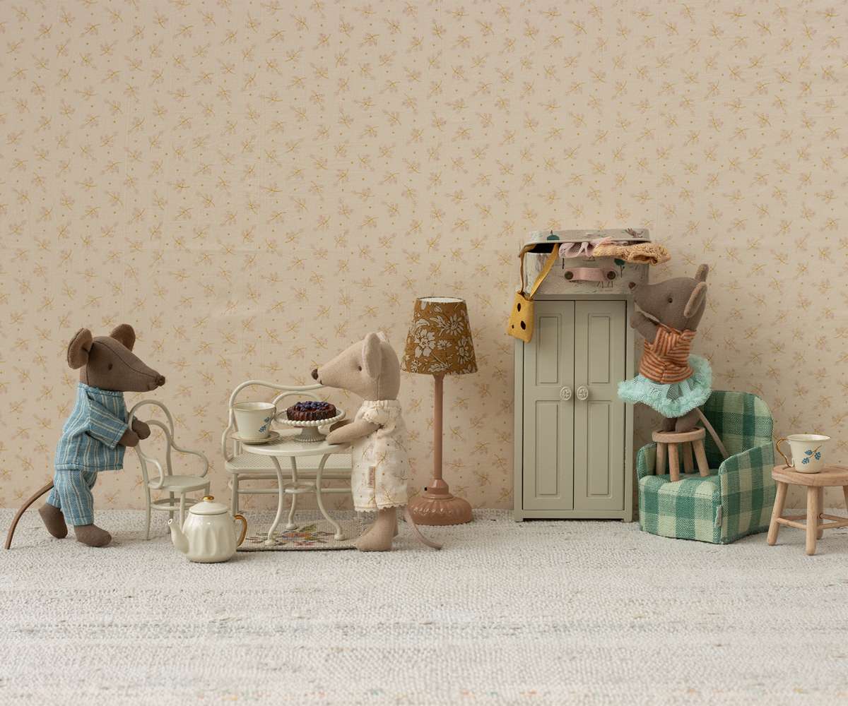 Maileg SS25 Collection featuring adorable miniature mice enjoying a tea party in a cozy dollhouse setting. Perfect for imaginative play! #Maileg #MouseinaBox , ballerina mouse is grabbing for the fancy dress box #SS25 #Dollhouse #ToyPhotography