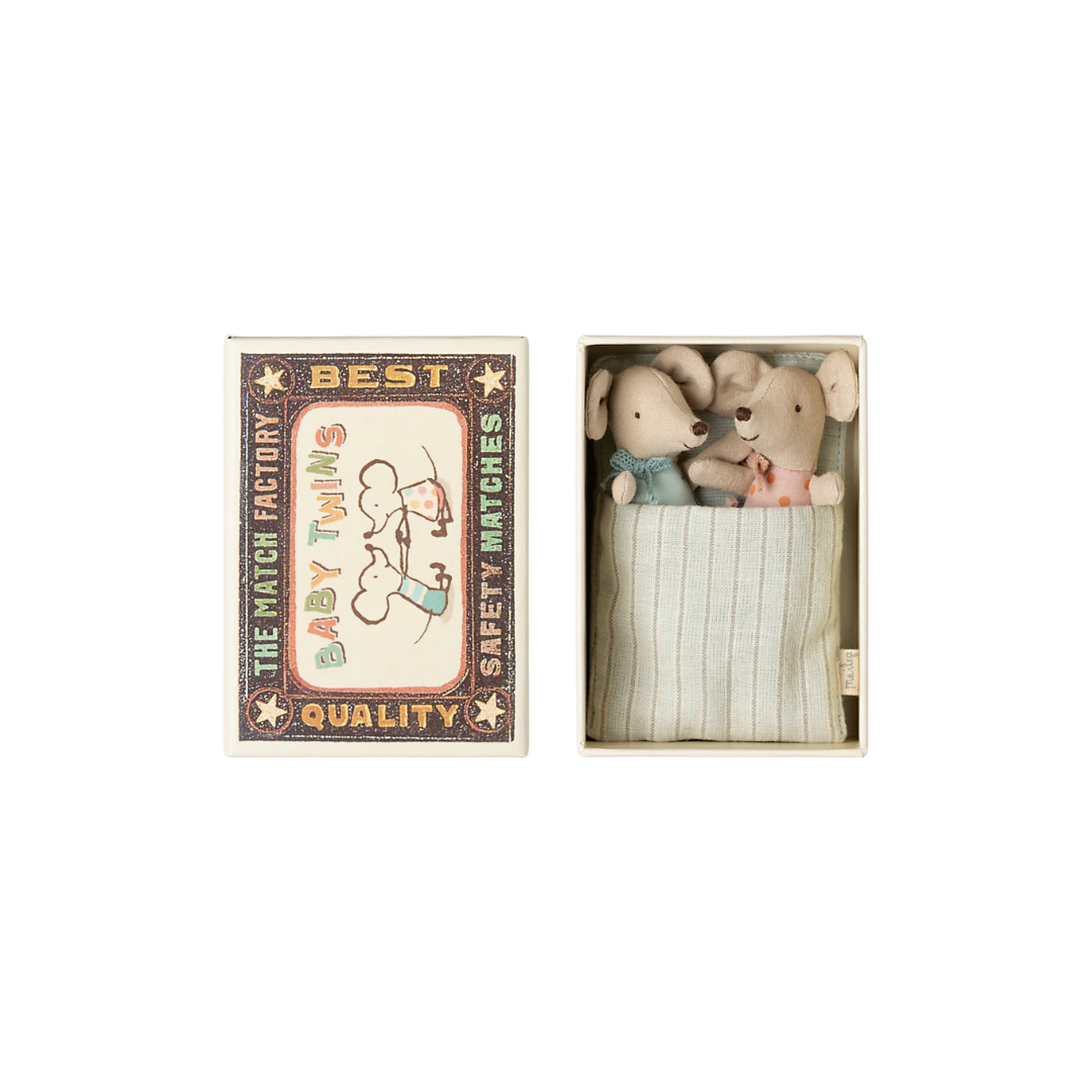 Maileg Baby Twin Mice in Matchbox Bed, Maileg SS25, boy and girl mouse