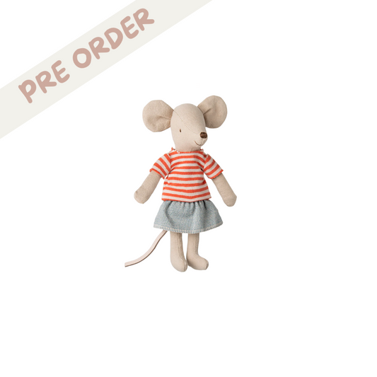 Maileg LouiMax's siter Mouse, Big sister, dressed in striped tshirt and blue skirt. Part of Maileg LouiMax collection. Pre-order Maileg SS25