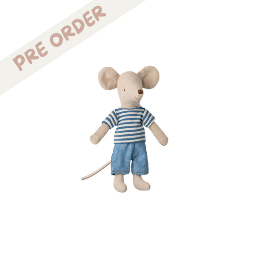 Maileg LouiMax, Mouse, Big brother, dressed in blue white striped tshirt, and denim shorts. Part of Maileg LouiMax collection. Pre-order Maileg SS25