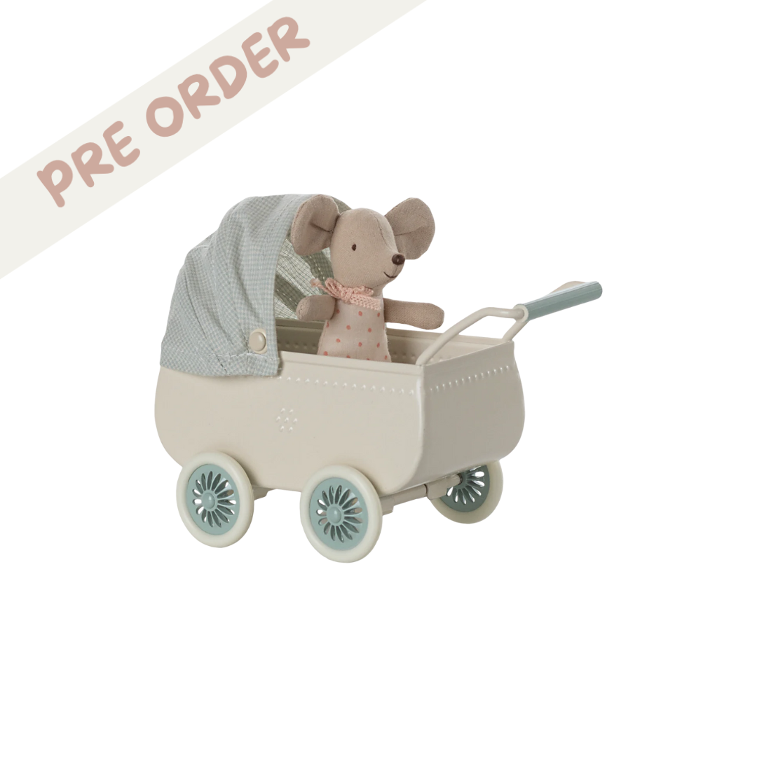 Maileg mint Pram with baby mouse, a set with a pram and mouse included. Preorder now