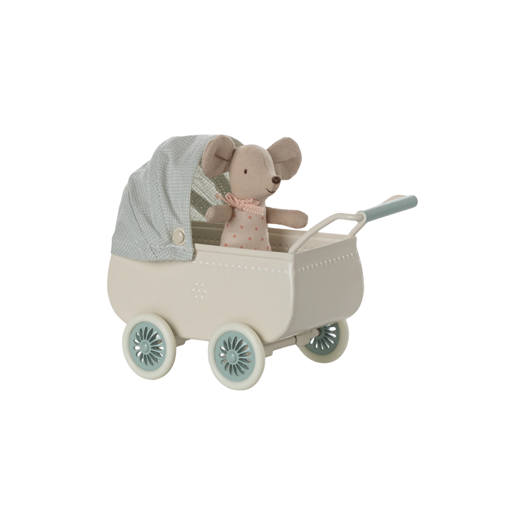 Maileg mint Pram with baby mouse, a set with a pram and mouse included. 