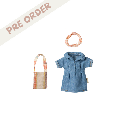 Maileg Denim dress and bag for a Maileg Mum mouse dress up, pre order from the Maileg SS25 collection