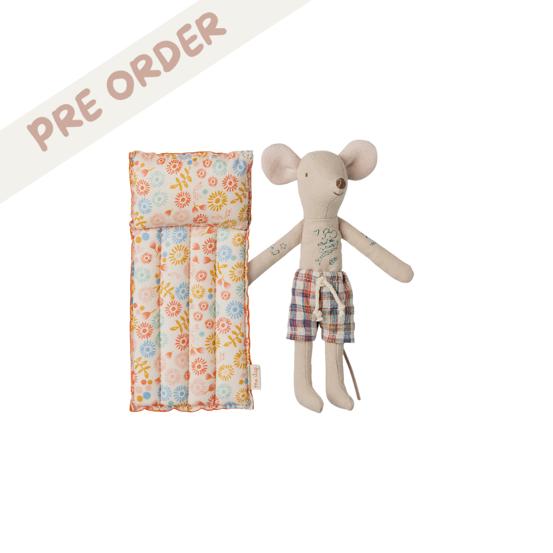 Maileg Beach mouse with air mattress, Maileg dad mouse with checked swim shorts from Maileg SS25 collection, available for pre-order now