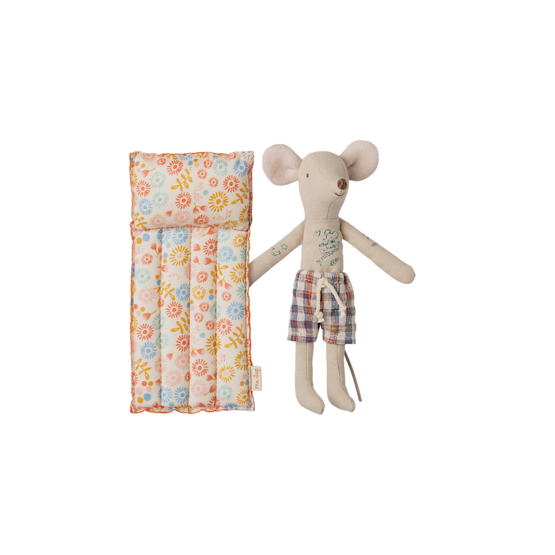 Maileg Beach mouse with flower air mattress, Maileg dad mouse with checked swim shorts from Maileg SS25 collection