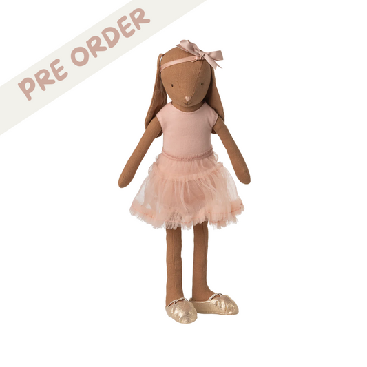 Maileg Bunny size 3, Chocolate brown - Ballet suit and skirt rose, from Maileg SS25 ballerina bunny collection, pre-order now