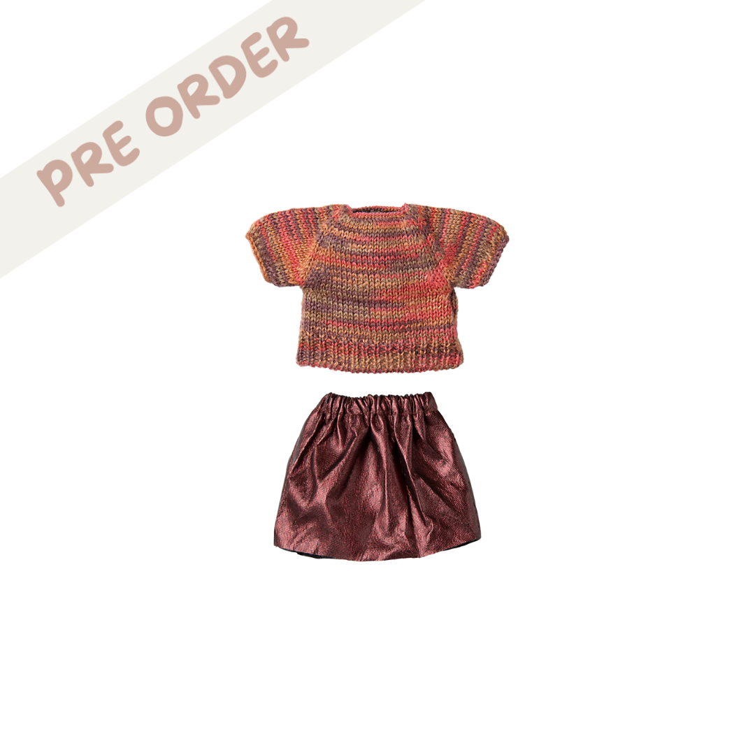 Maileg mum mouse dress up outfit, multicoloured knitted top and shiny shirt. From Maileg SS25 collection, available to pre-order