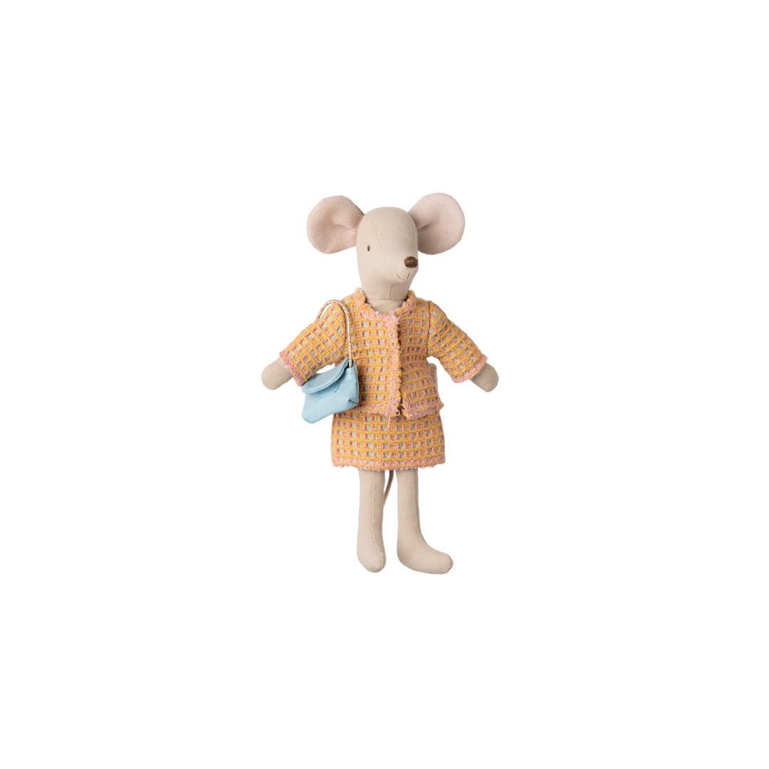 Maileg mum mouse in a suit dress up outfit, yellow suit with pink trim and blue little handbag. Perfect for dress up for Maileg mice play.