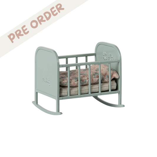 Maileg My Baby Cradle in blue mint - Rocking Cradle with floral bedding, from Mouse in a Box Maileg SS25 pre order now