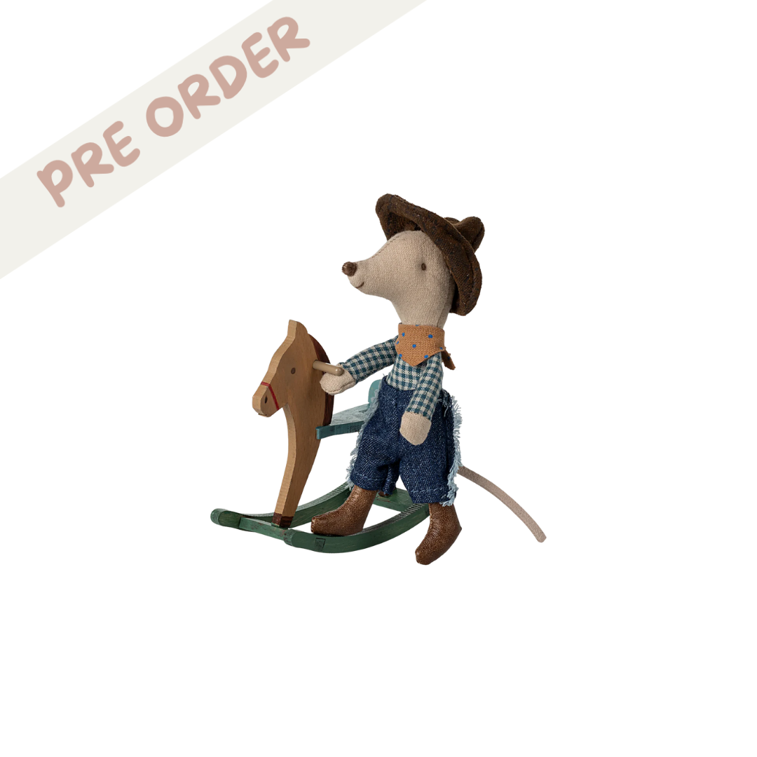 Maileg mouse cowboy set, miniature rocking horse and little brother mouse with little cowboy hat. Available to pre-order SS25