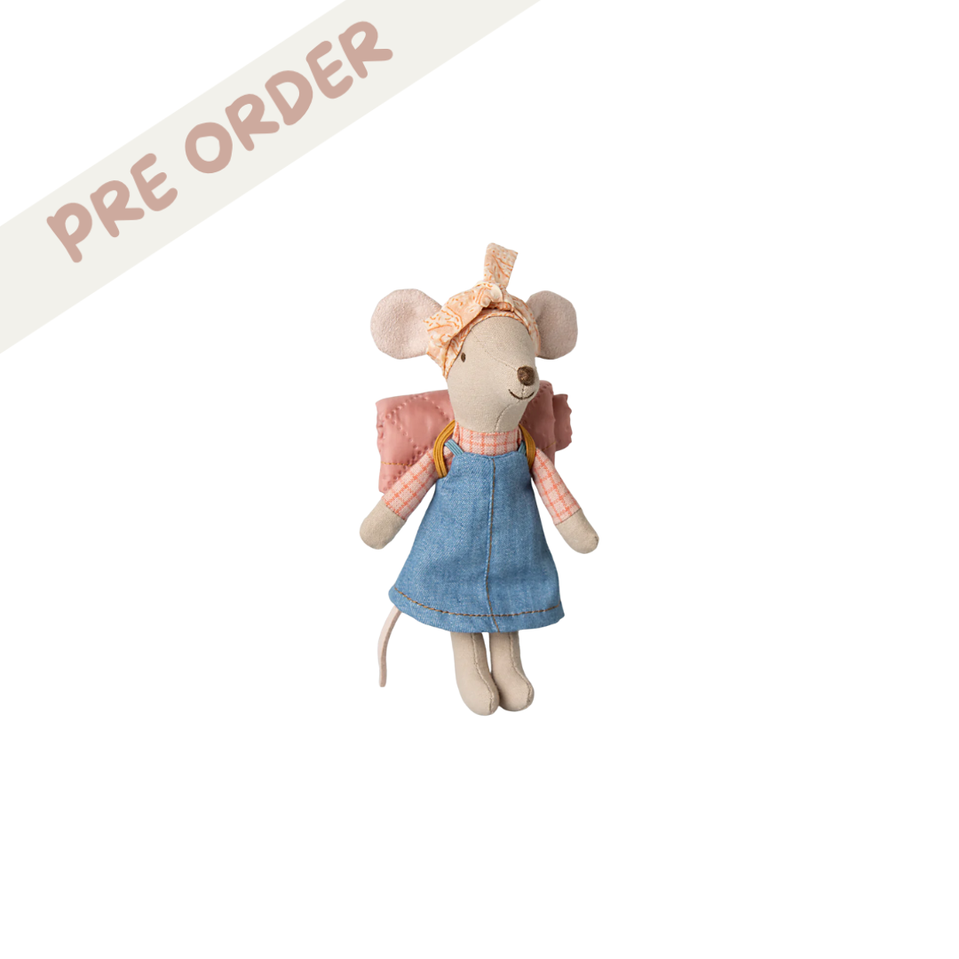 Maileg big sister hiker mouse with pink sleeping back, denim dress and bow in her hair. Pre-order from Maileg SS25 collection