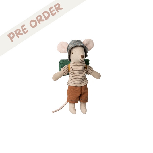 Maileg hiker mouse with thin stripe top, brown shorts and a green sleeping bag from Maileg hiker collection SS25. Pre-order