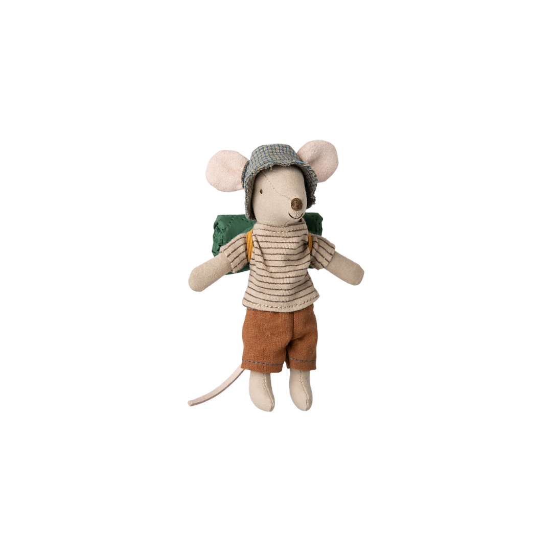 Maileg hiker mouse with thin stripe top, brown shorts and a green sleeping bag from Maileg hiker collection SS25. 