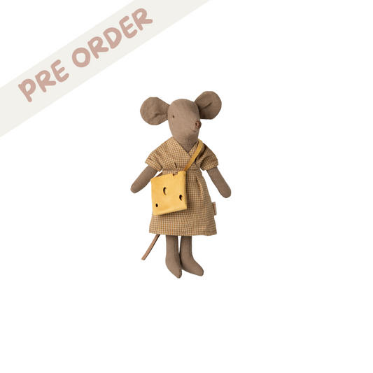 Maileg mum mouse with a brown dress and yellow cheese handbag, preorder Spring Summer 2025 collection.