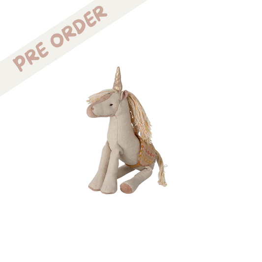 Maileg small unicorn soft toy, soft pink toy for children with pink saddle and unicorn horn, from Maileg SS25 collection.