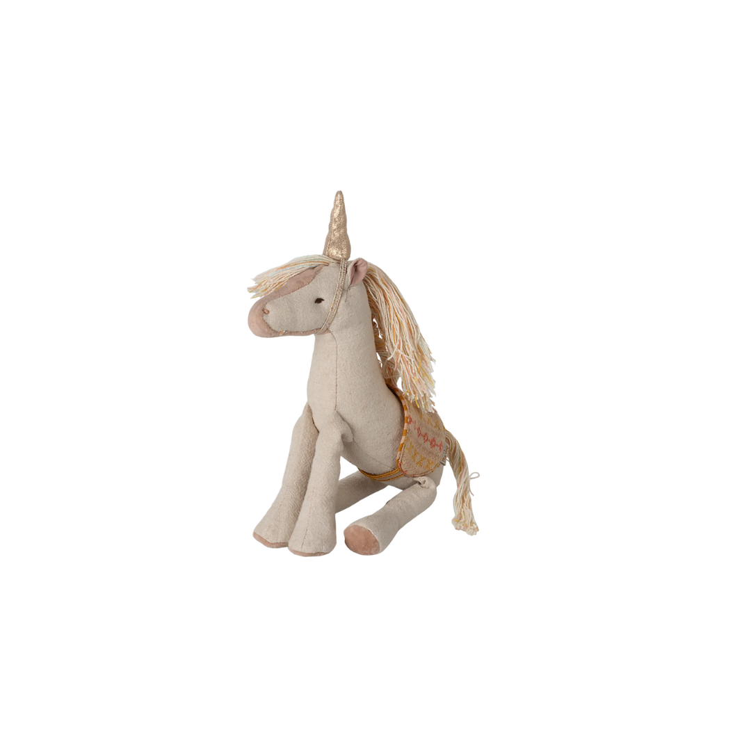 Maileg small unicorn soft toy, soft pink toy for children with pink saddle and unicorn horn, from Maileg SS25 collection.