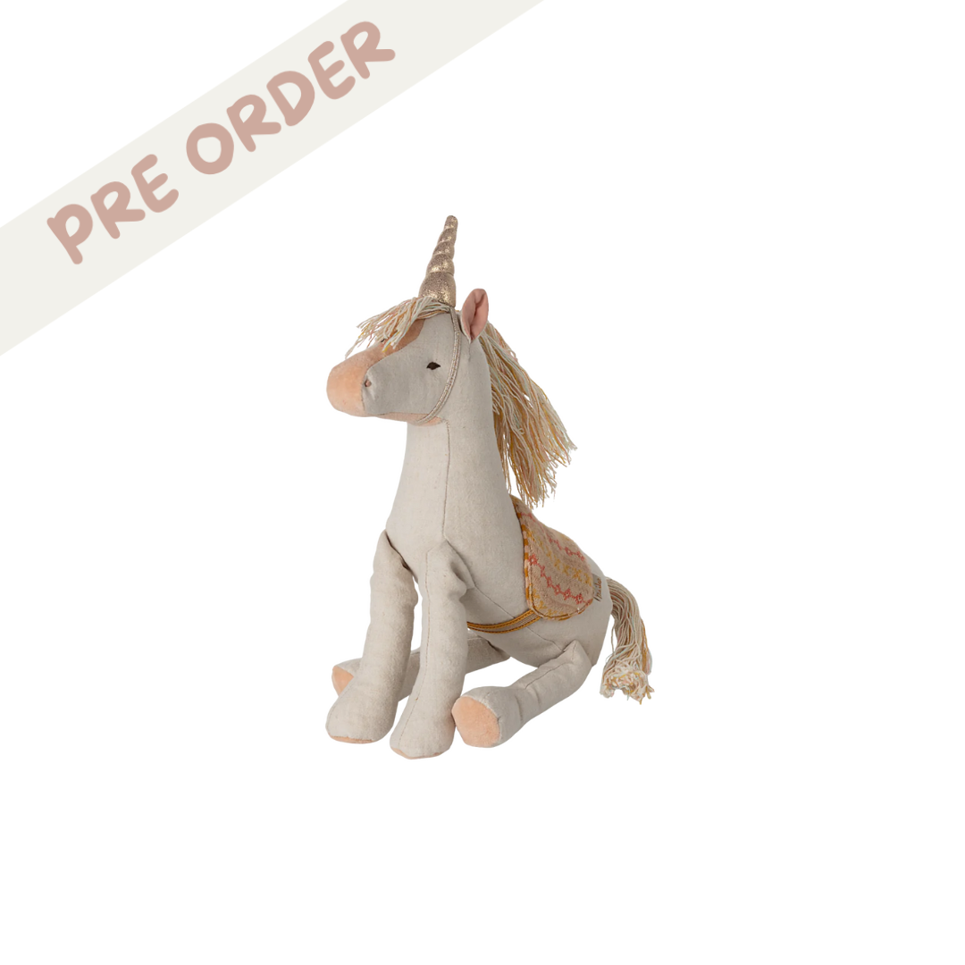 Maileg medium unicorn soft toy, pretty pink toy for children with patterned saddle and unicorn shimmering horn, from Maileg SS25 collection.