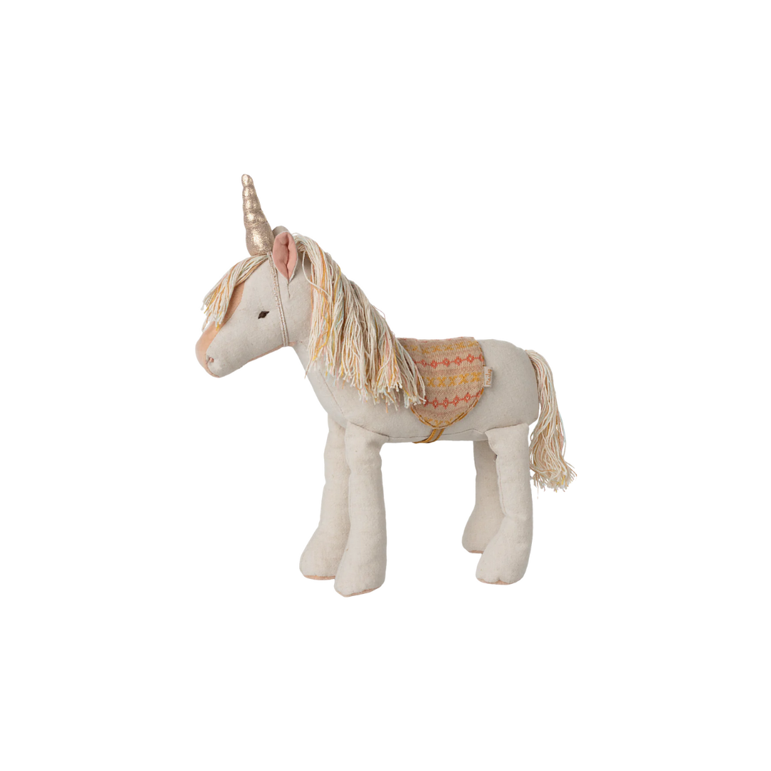 Maileg medium unicorn soft toy, pretty pink toy for children with patterned saddle and unicorn shimmering horn, from Maileg SS25 collection.