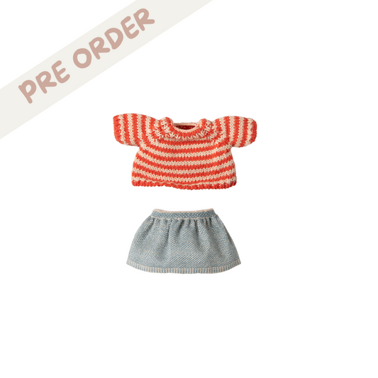  Maileg Big Sister Mouse with this adorable knitted sweater and skirt set, red stripe top and blue skirt, Maileg SS25 dress up pre order