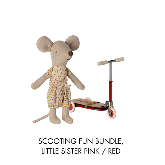 Maileg Scooting Fun Bundle, Maileg Little Sister Pink spotty outfit with a Maileg scooter in red