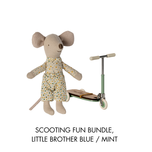 Maileg Scooting Fun Bundle, Little Brother Blue and a Maileg  scooter kickboard in mint