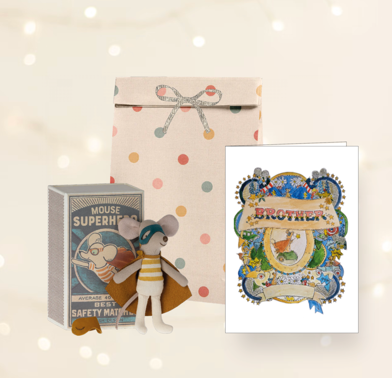 Maileg Brother Gift Set: Superhero Mouse, Card & Bag