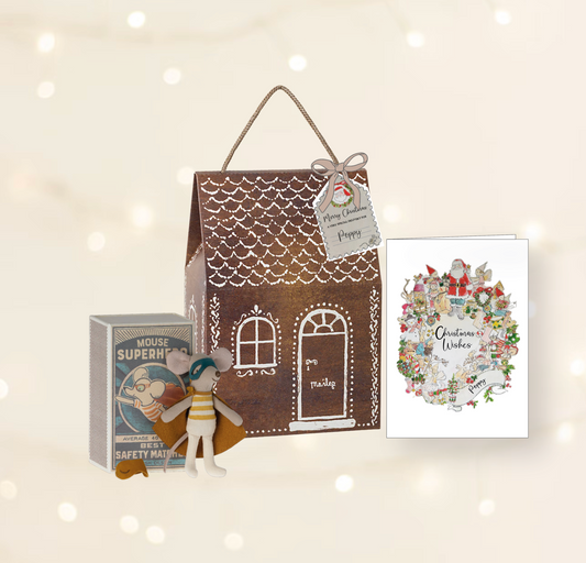 Maileg Christmas Gift Set: Superhero Mouse, Christmas Card & Gingerbread Bag