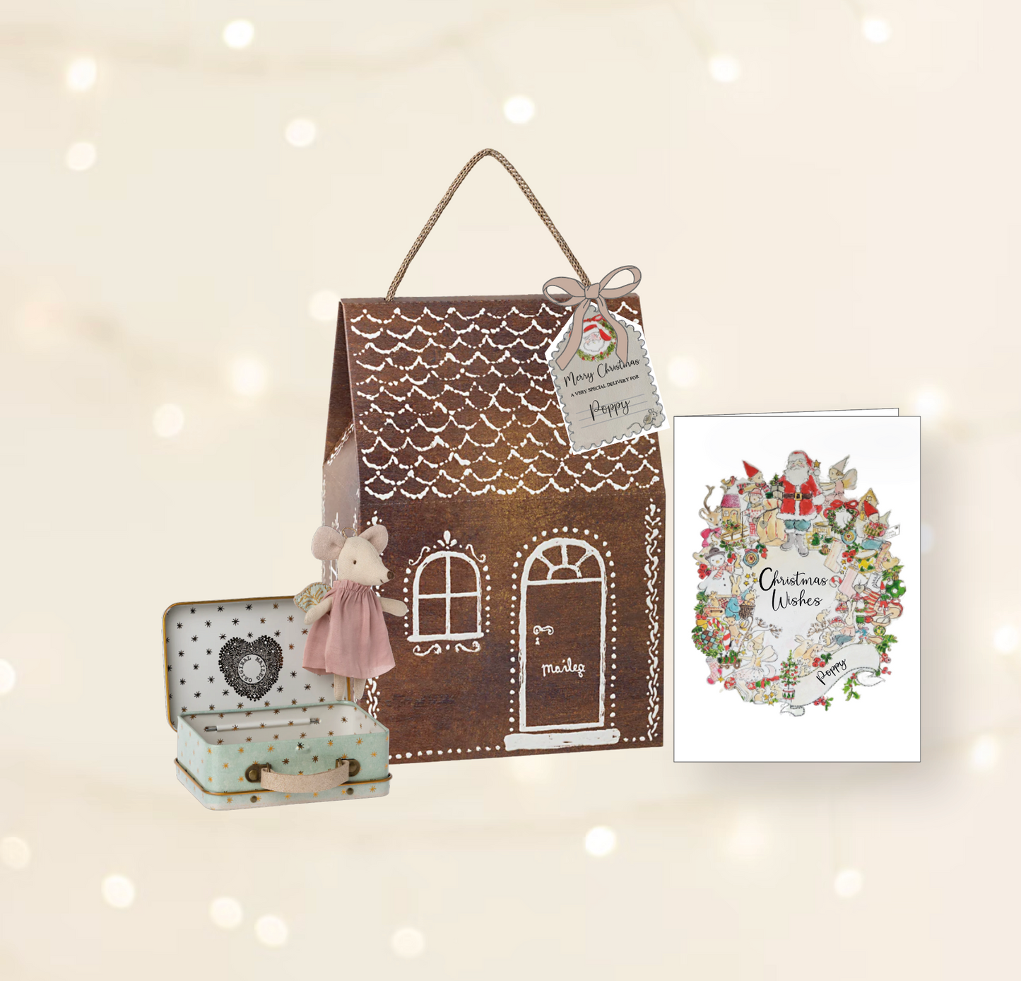 Maileg Christmas Gift Set: Angel Mouse, Christmas Card & Gingerbread Bag