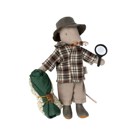 Maileg SS23 hiker guide mouse with sleeping bag and magnify glass